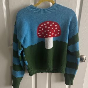Zara Blue and Green Sweater with Mushroom Design